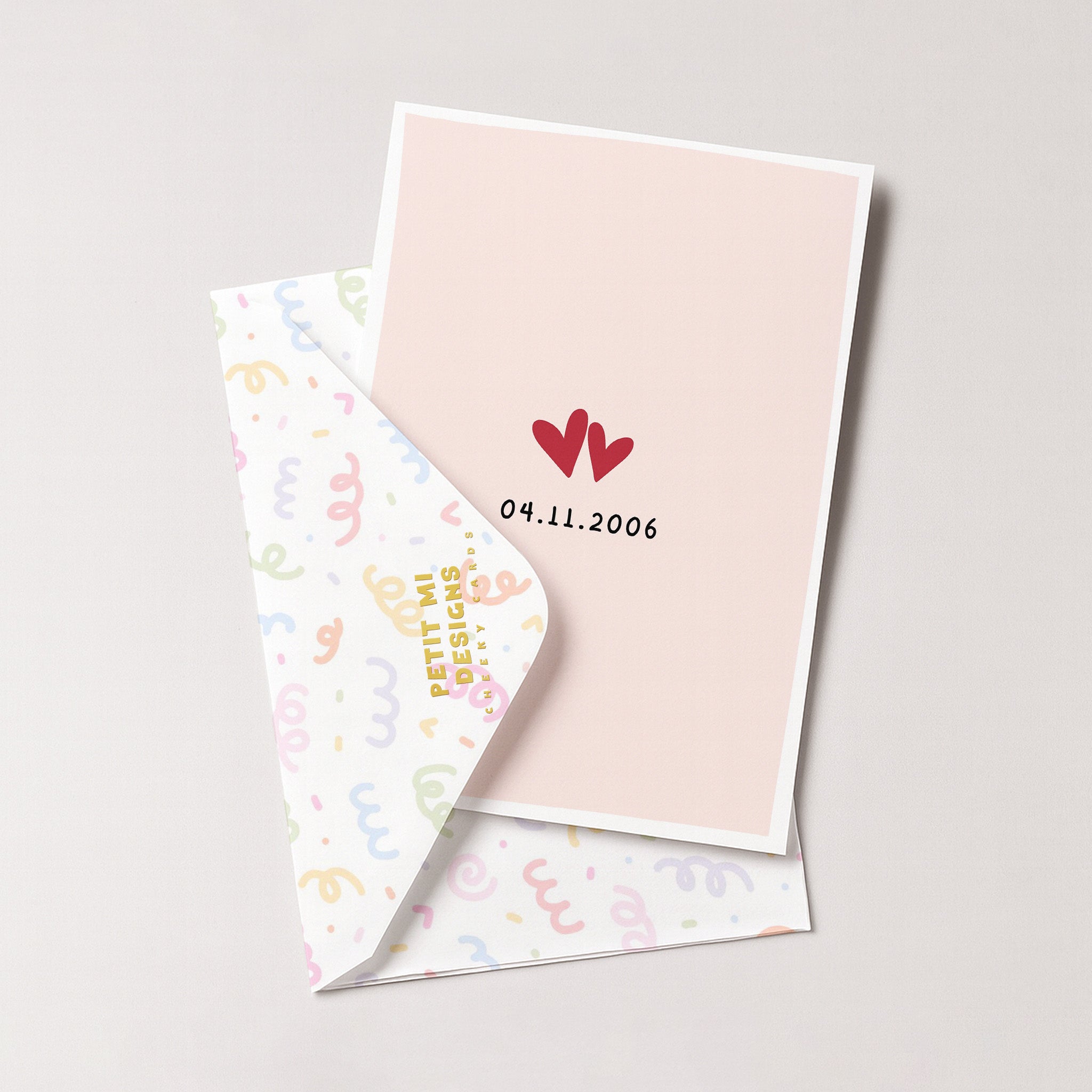 Anniversary love date greeting card with pastel envelope